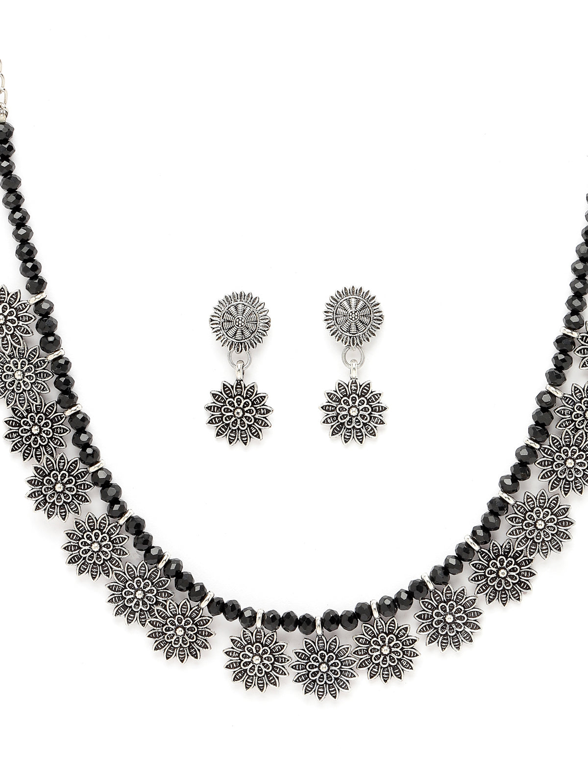 Sukkhi Trendy Oxidised Silver Plated Floral Shaped Collar Bone Necklace Set And Earring | Jewellery Set For Women (NS105541)