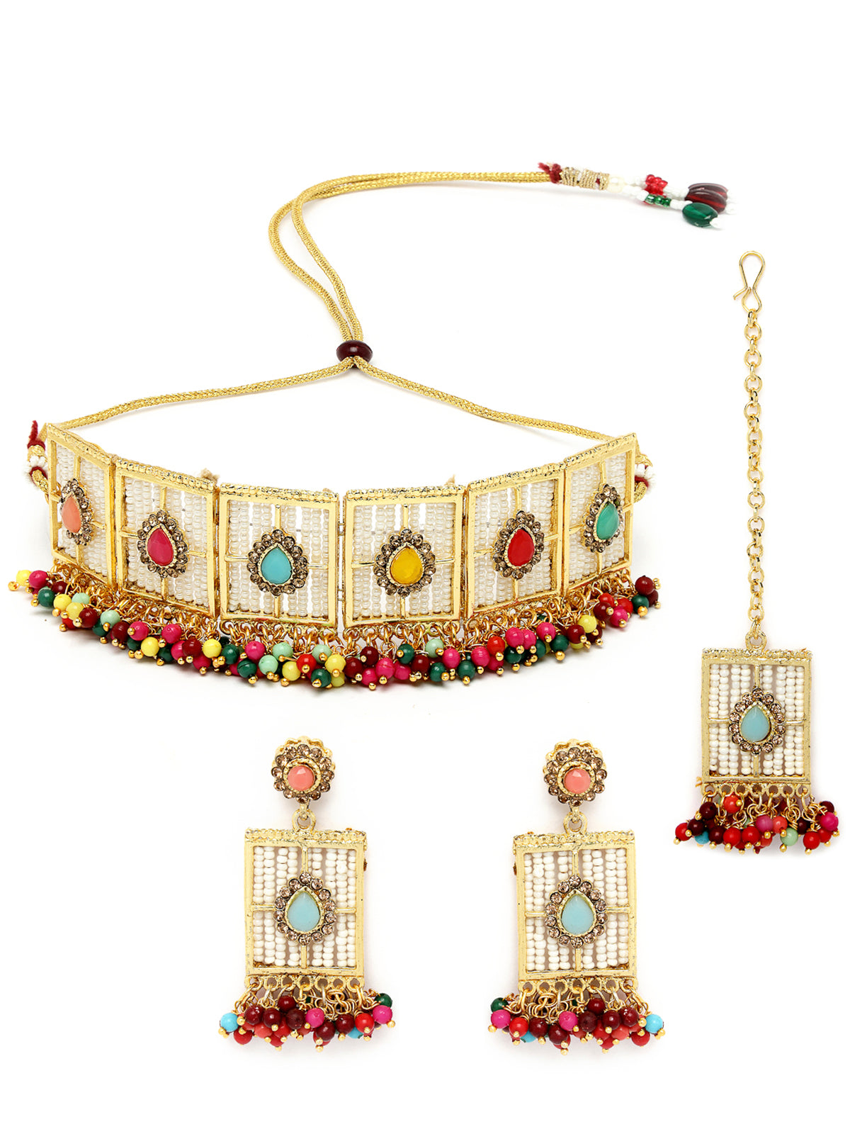 Sukkhi Beautiful Squared Shaped Multi Beads With Gold Plated Choker Necklace Set With Earring And Maangtika | Jewellery Set For Women (NS105542)