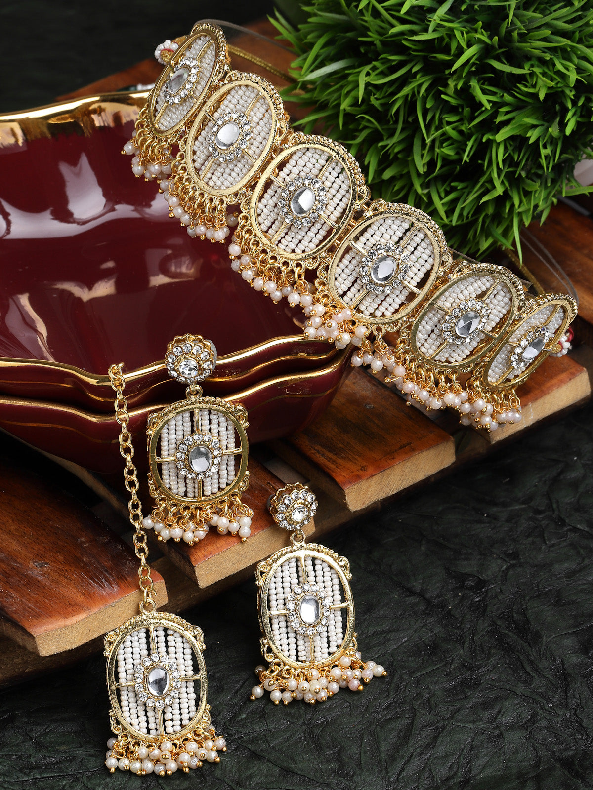 Sukkhi Charming Circular Gold Toned Plated White Beads Choker Necklace Set With Earring And Maangtika | Jewellery Set For Women (NS105545)