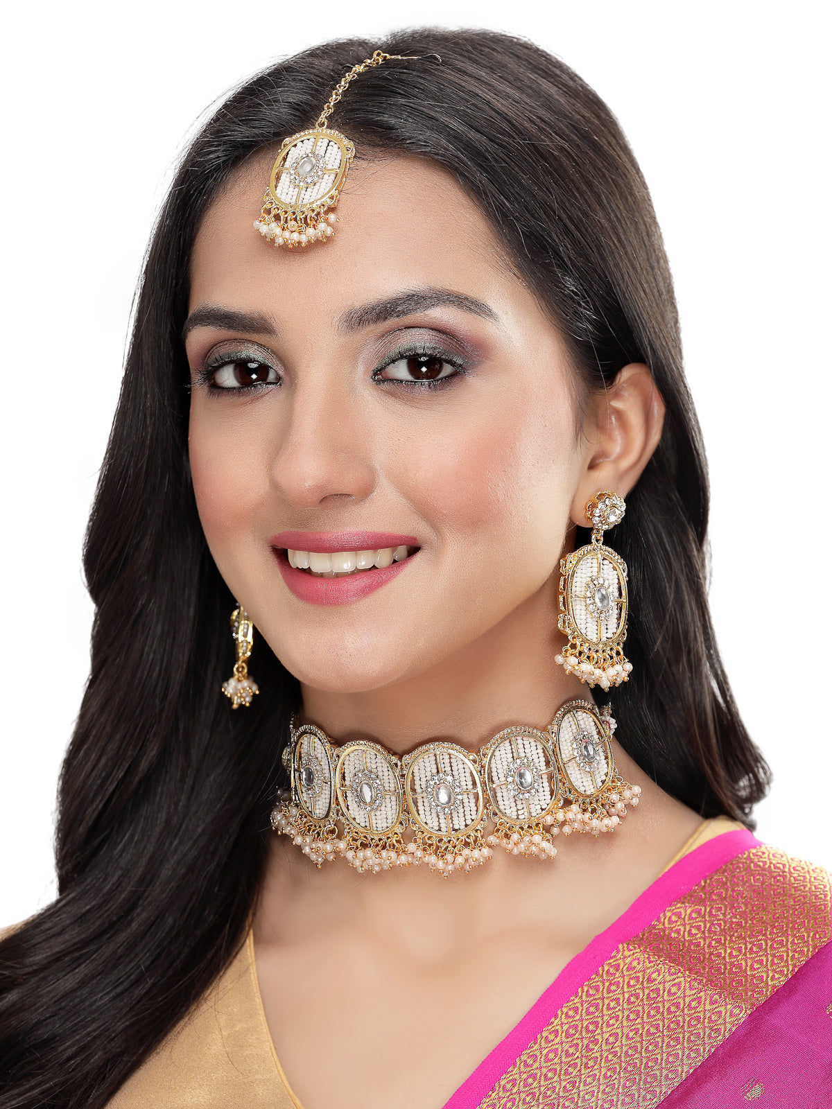 Sukkhi Charming Circular Gold Toned Plated White Beads Choker Necklace Set With Earring And Maangtika | Jewellery Set For Women (NS105545)
