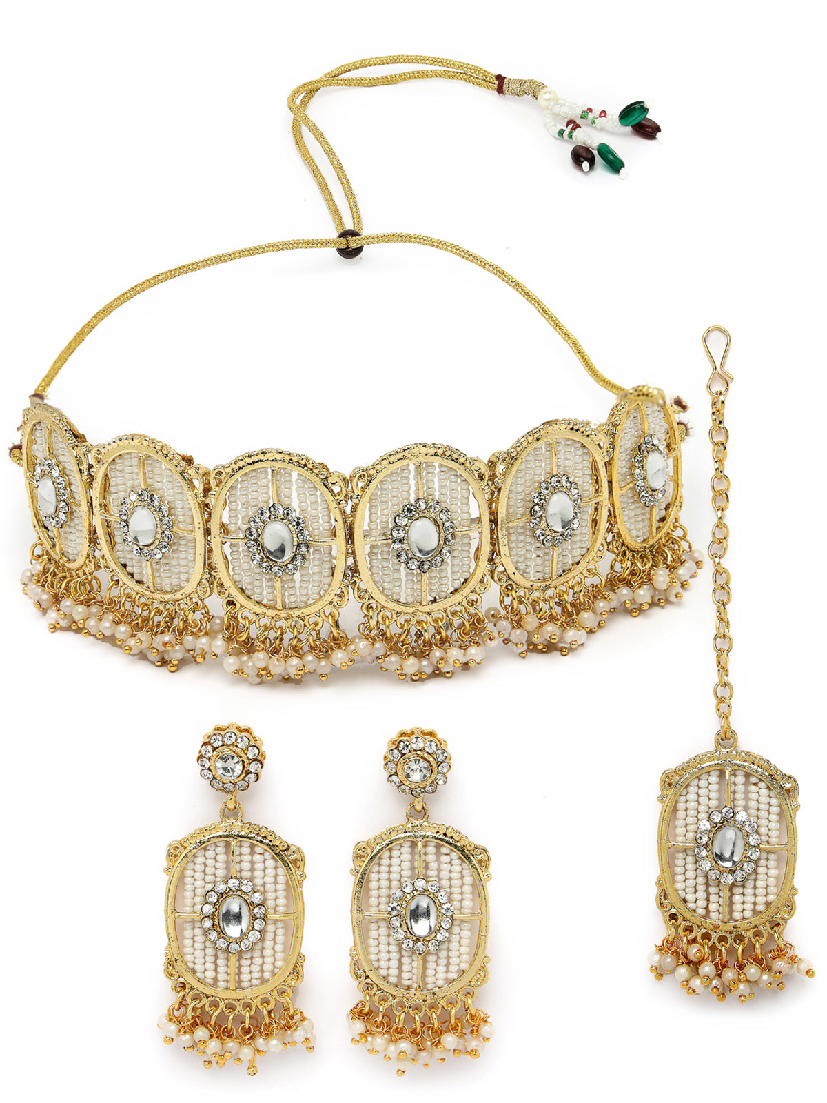 Sukkhi Charming Circular Gold Toned Plated White Beads Choker Necklace Set With Earring And Maangtika | Jewellery Set For Women (NS105545)