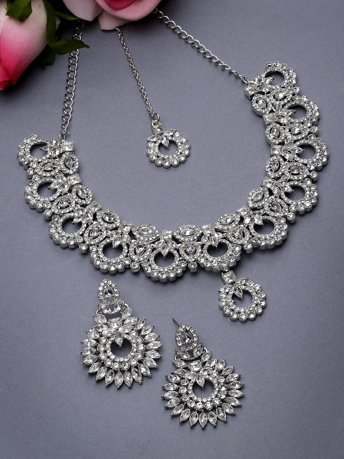 Sukkhi Soothing Rhodium Plated Silver AD White Stone Collar Bone Necklace Set With Earring And Maangtika | Jewellery Set For Women (NS105547)