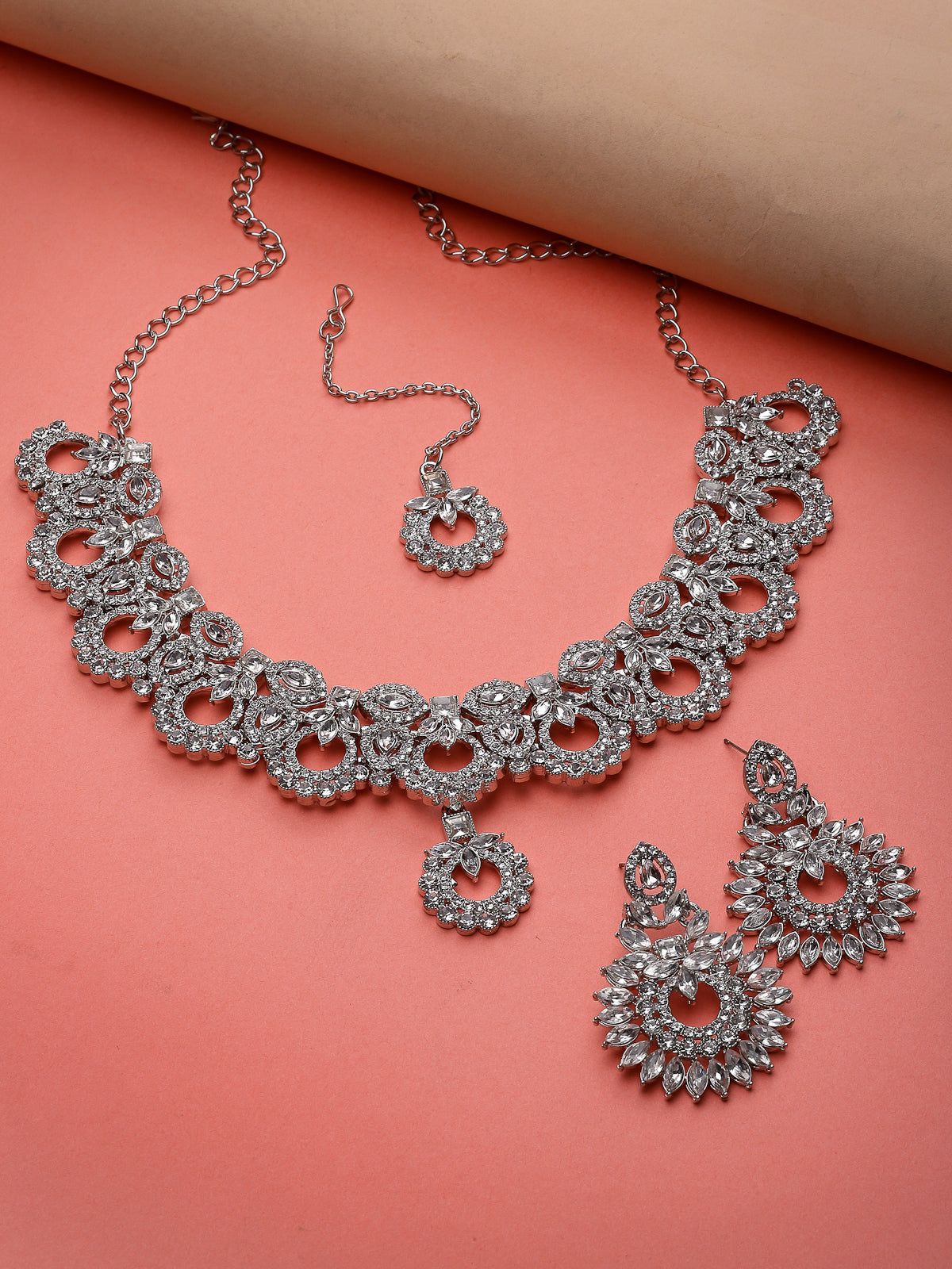 Sukkhi Soothing Rhodium Plated Silver AD White Stone Collar Bone Necklace Set With Earring And Maangtika | Jewellery Set For Women (NS105547)