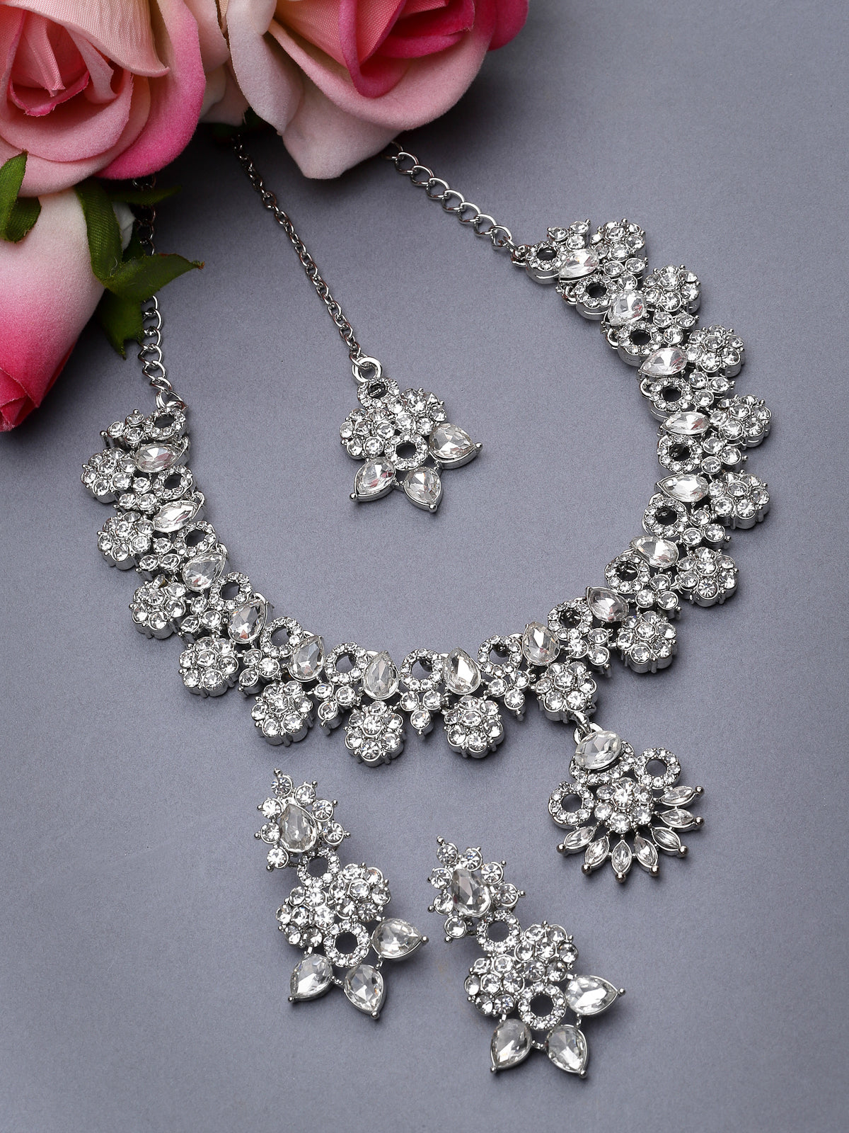 Sukkhi Sensational Rhodium Plated Silver AD White Stone Floral Collar Bone Necklace Set With Earring And Maangtika | Jewellery Set For Women (NS105548)