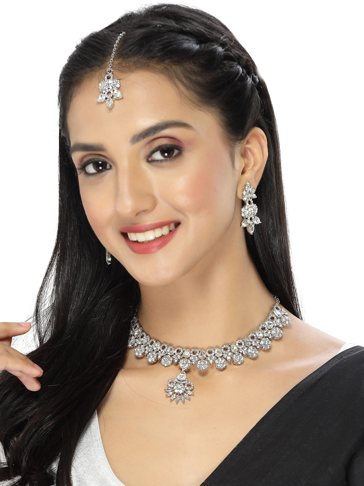 Sukkhi Sensational Rhodium Plated Silver AD White Stone Floral Collar Bone Necklace Set With Earring And Maangtika | Jewellery Set For Women (NS105548)