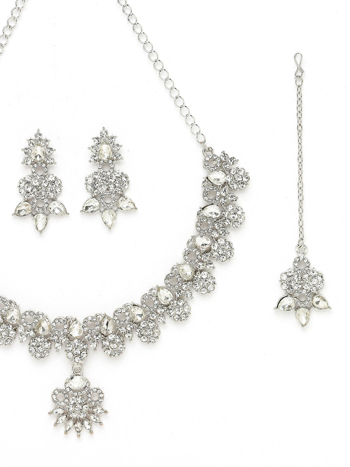 Sukkhi Sensational Rhodium Plated Silver AD White Stone Floral Collar Bone Necklace Set With Earring And Maangtika | Jewellery Set For Women (NS105548)