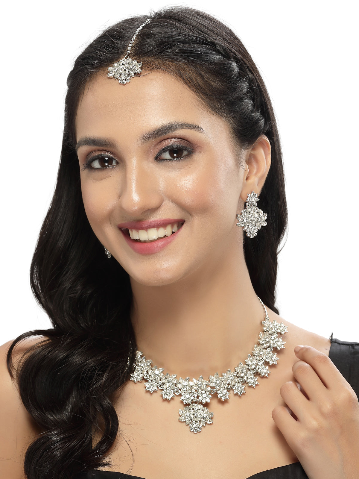Sukkhi Smashing Rhodium Plated Silver AD White Stone Floral Collar Bone Necklace Set With Earring And Maangtika | Jewellery Set For Women (NS105549)
