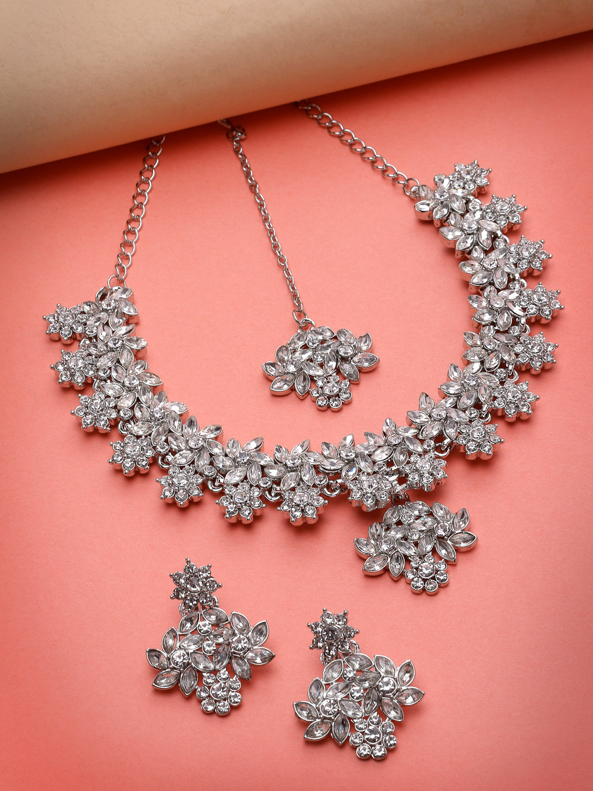 Sukkhi Smashing Rhodium Plated Silver AD White Stone Floral Collar Bone Necklace Set With Earring And Maangtika | Jewellery Set For Women (NS105549)