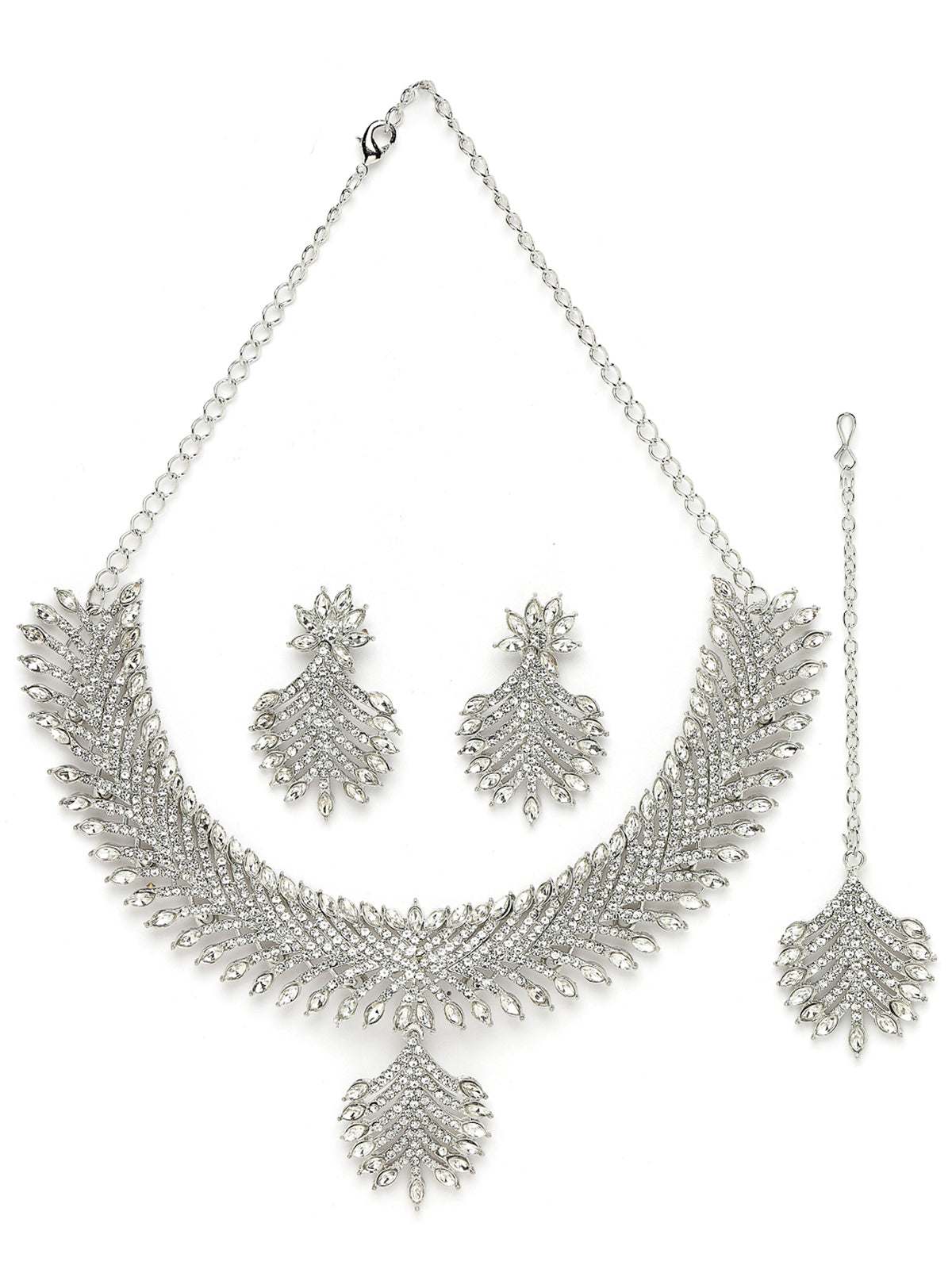 Sukkhi Stylish Rhodium Plated Silver AD White Stone Collar Bone Necklace Set With Earring And Maangtika | Jewellery Set For Women (NS105550)