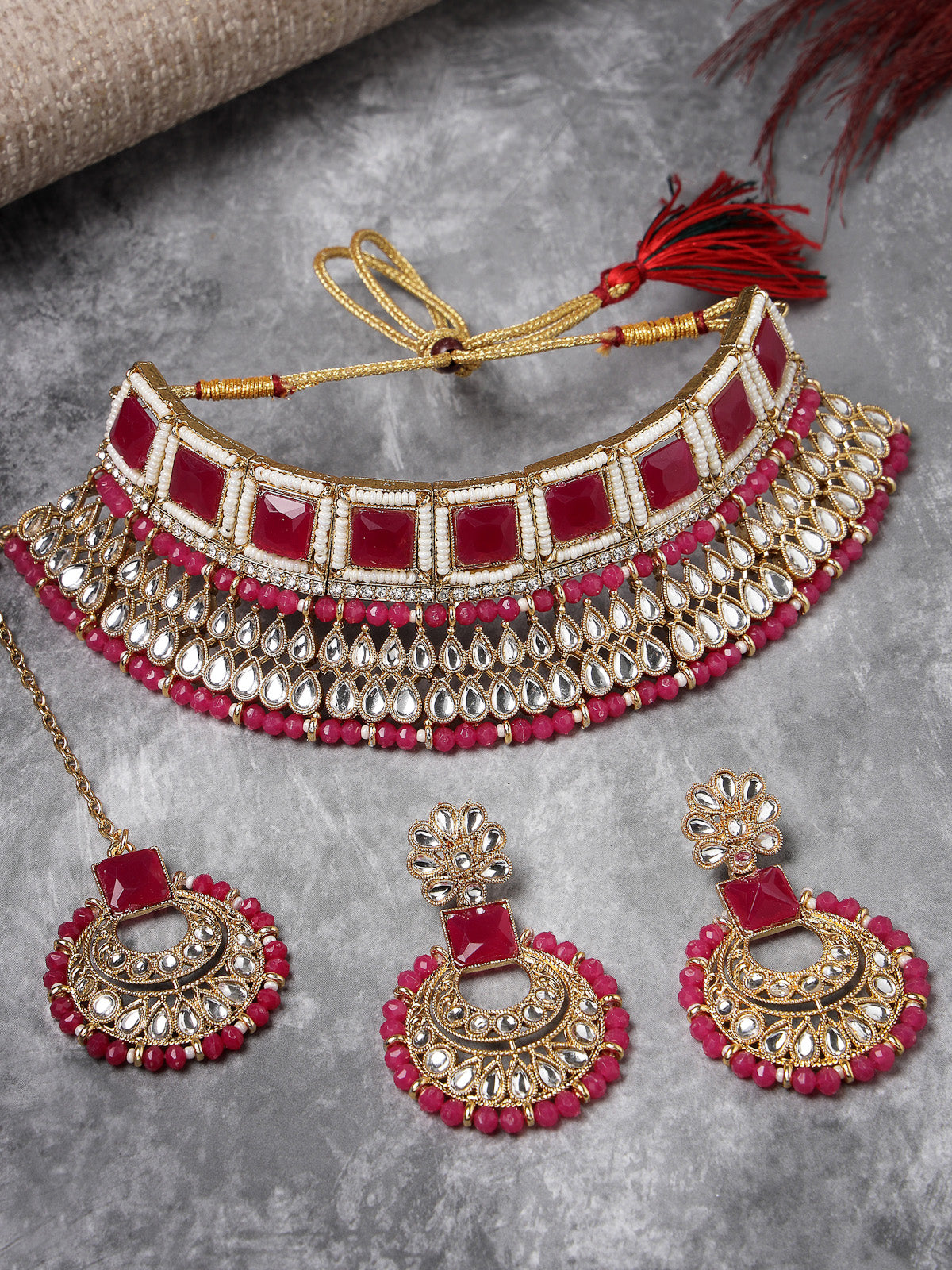 Sukkhi Classical Traditional Gold Plated Rani Pink Kundan & Beads Choker Necklace Set With Earring And Maangtika | Jewellery Set For Women (NS105551)