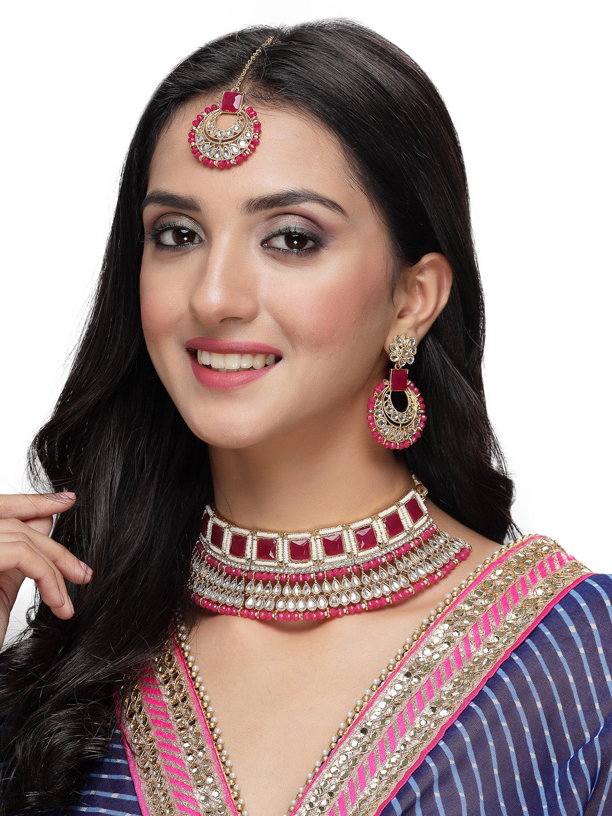 Sukkhi Classical Traditional Gold Plated Rani Pink Kundan & Beads Choker Necklace Set With Earring And Maangtika | Jewellery Set For Women (NS105551)