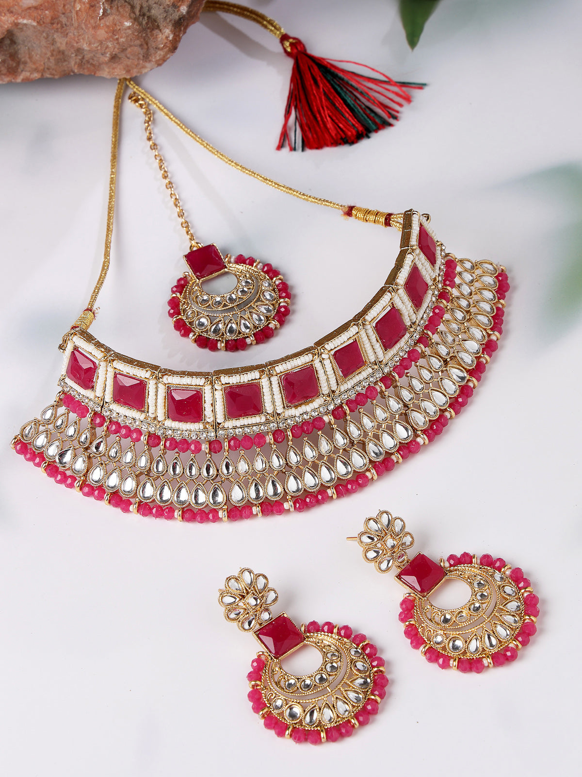 Sukkhi Classical Traditional Gold Plated Rani Pink Kundan & Beads Choker Necklace Set With Earring And Maangtika | Jewellery Set For Women (NS105551)
