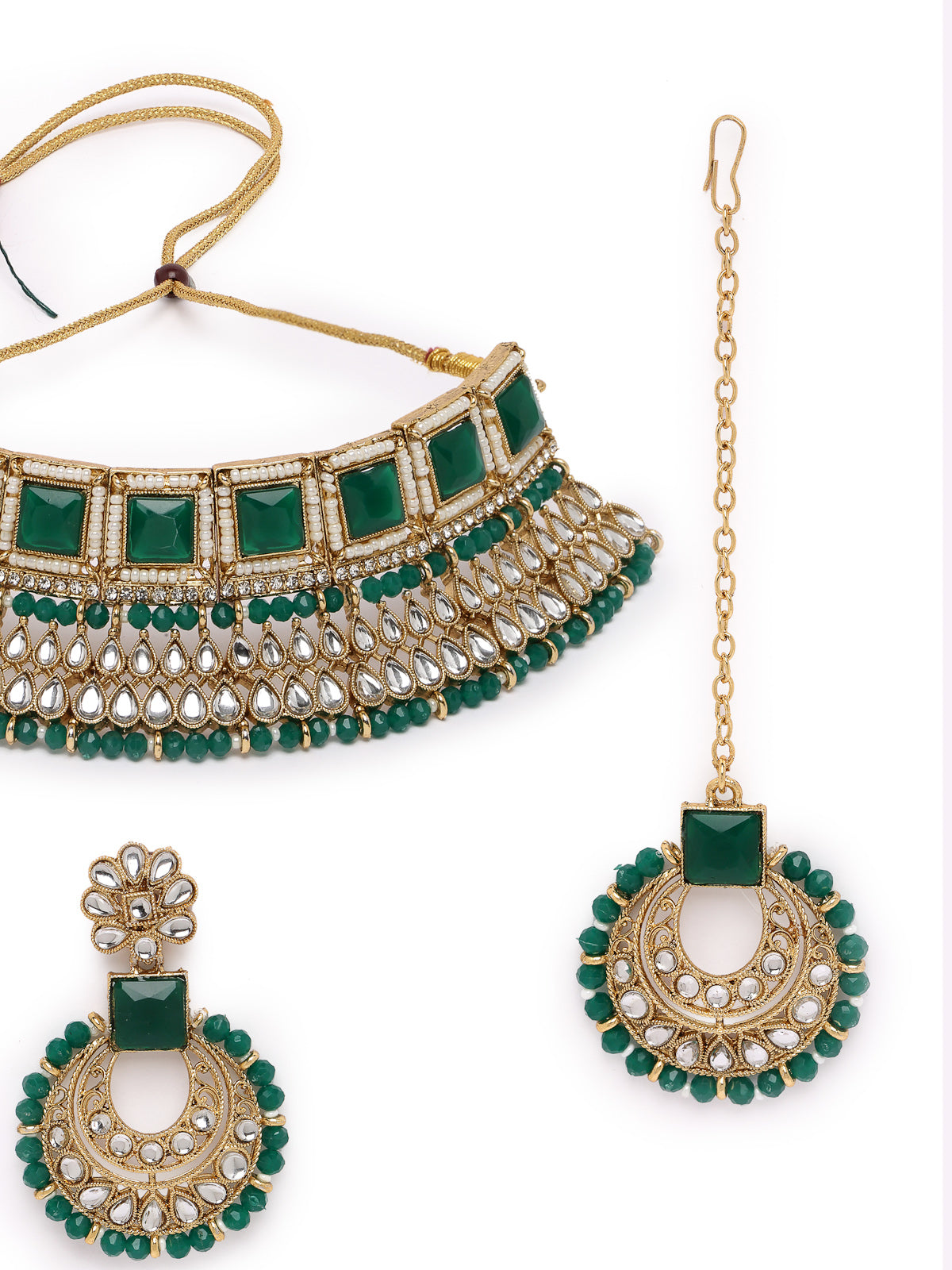 Sukkhi Classical Traditional Gold Plated Green Kundan & Beads Choker Necklace Set With Earring And Maangtika | Jewellery Set For Women (NS105552)