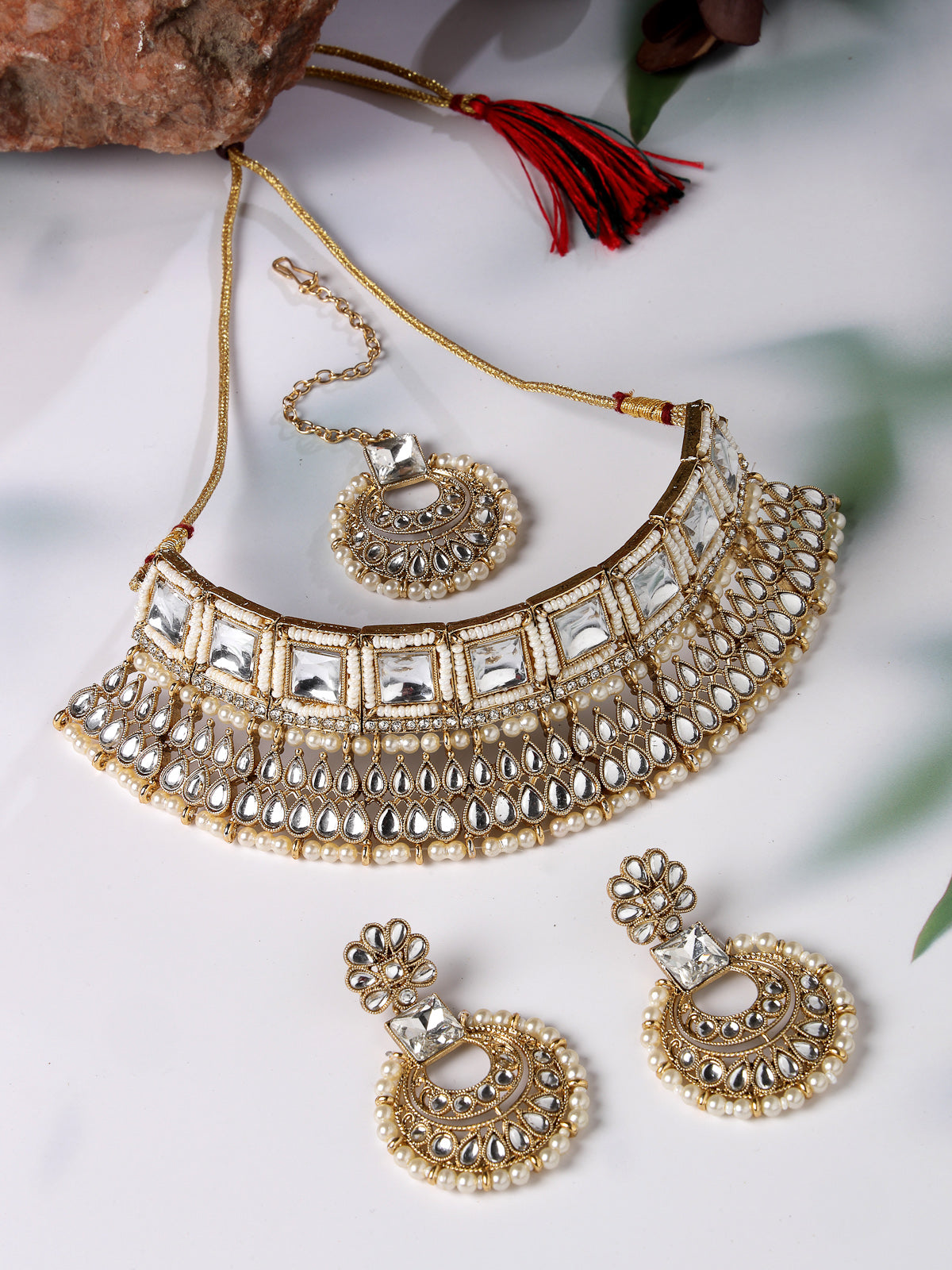 Sukkhi Classical Traditional Gold Plated White Kundan & Beads Choker Necklace Set With Earring And Maangtika | Jewellery Set For Women (NS105553)