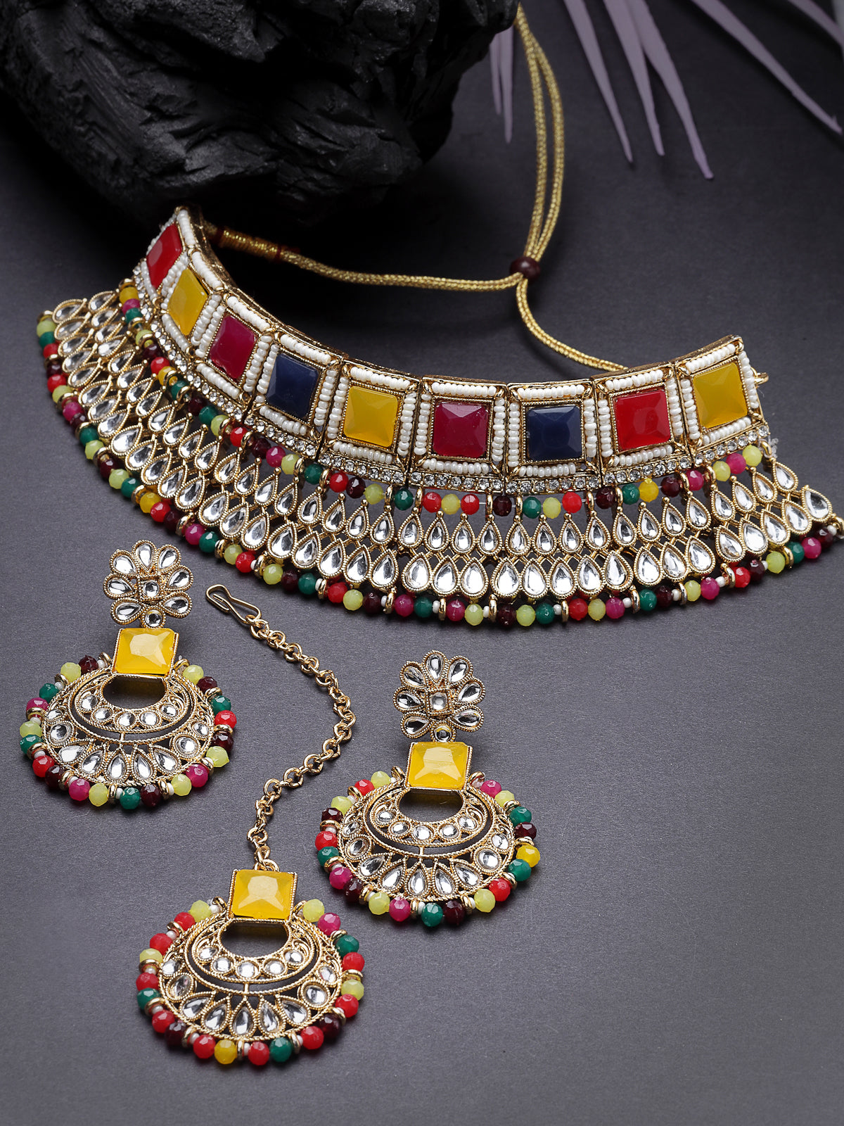 Sukkhi Classical Traditional Gold Plated Multicolor Kundan & Beads Choker Necklace Set With Earring And Maangtika | Jewellery Set For Women (NS105554)