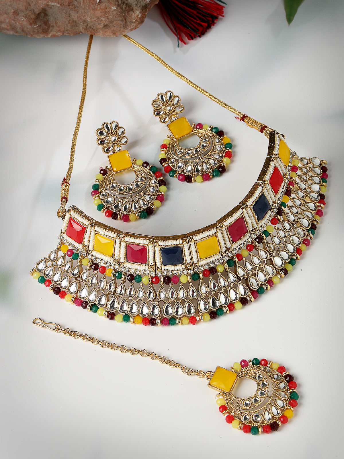 Sukkhi Classical Traditional Gold Plated Multicolor Kundan & Beads Choker Necklace Set With Earring And Maangtika | Jewellery Set For Women (NS105554)