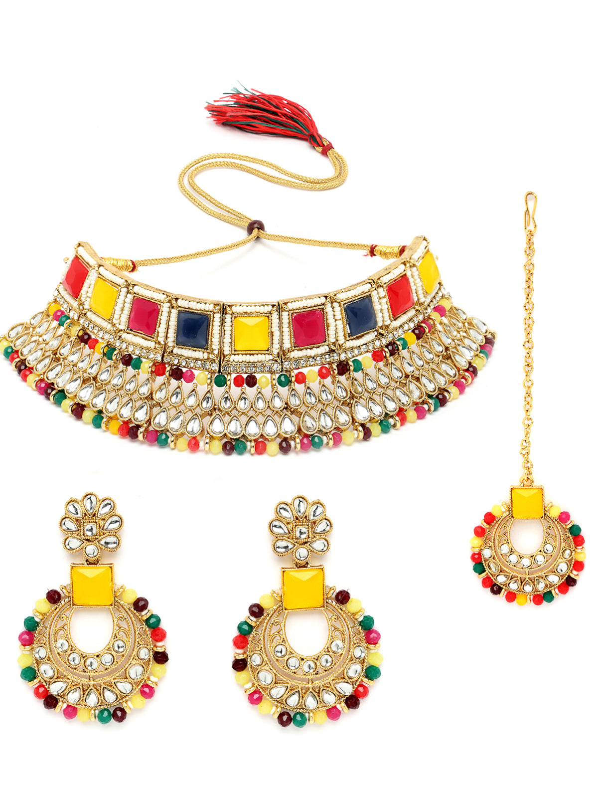 Sukkhi Classical Traditional Gold Plated Multicolor Kundan & Beads Choker Necklace Set With Earring And Maangtika | Jewellery Set For Women (NS105554)