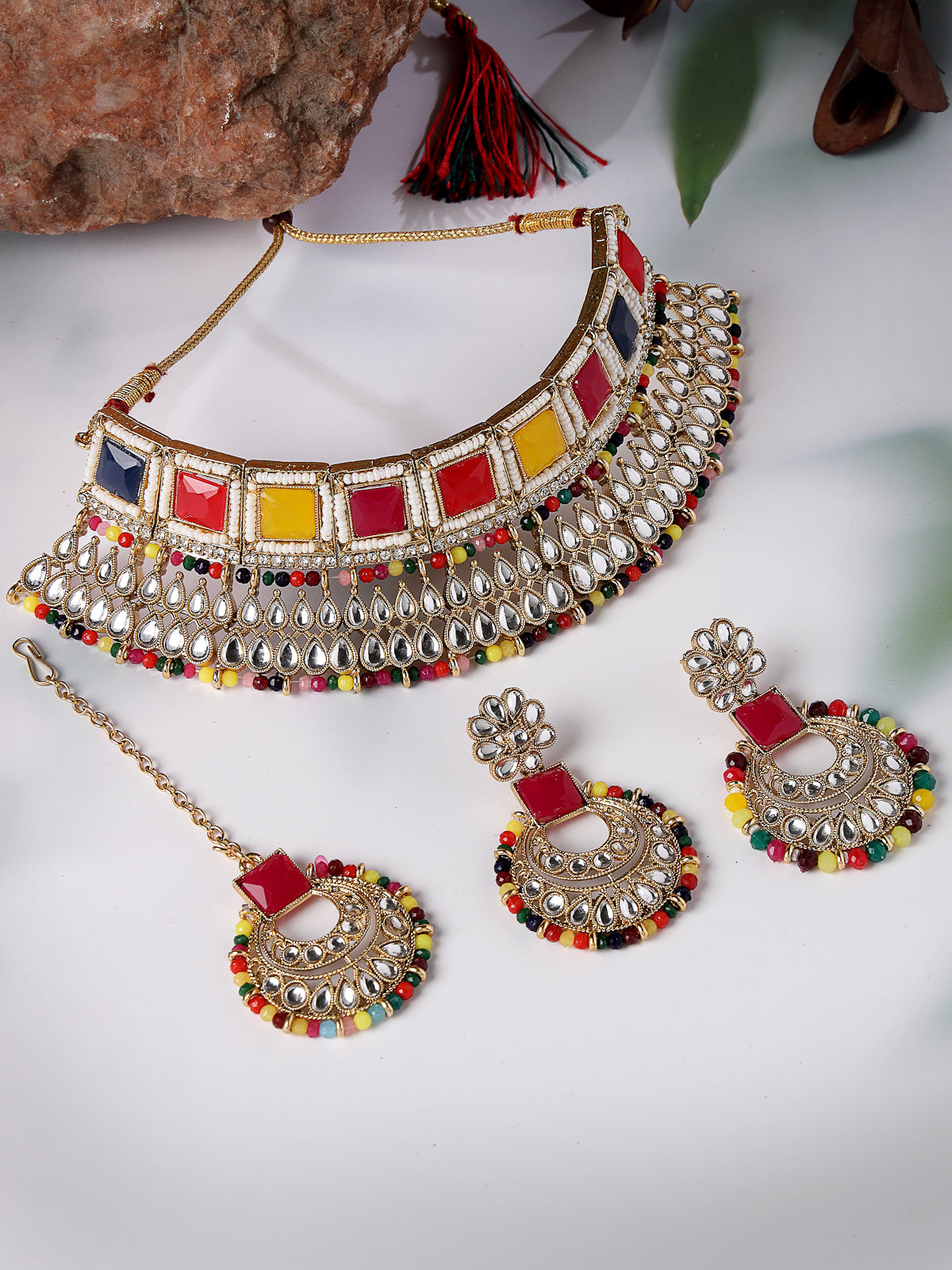 Sukkhi Ethnic Traditional Gold Plated Multicolor Kundan & Beads Choker Necklace Set With Earring And Maangtika | Jewellery Set For Women (NS105555)