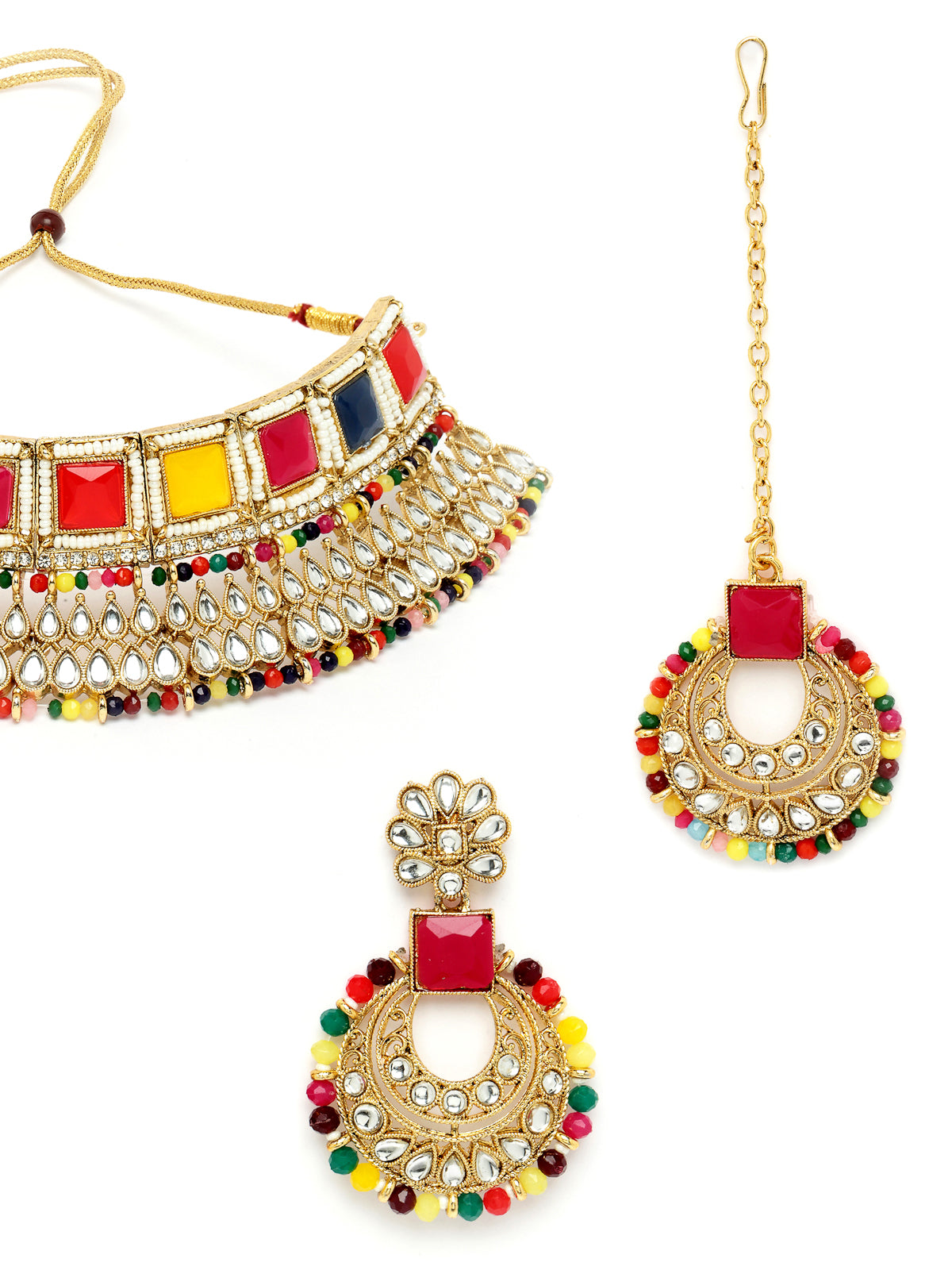 Sukkhi Ethnic Traditional Gold Plated Multicolor Kundan & Beads Choker Necklace Set With Earring And Maangtika | Jewellery Set For Women (NS105555)