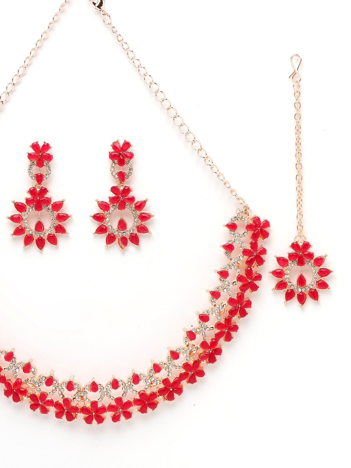 Sukkhi Admirable Fashionable Rani Pink AD Stones Collar Bone Necklace Set With Earring And Maangtika | Jewellery Set For Women (NS105556)