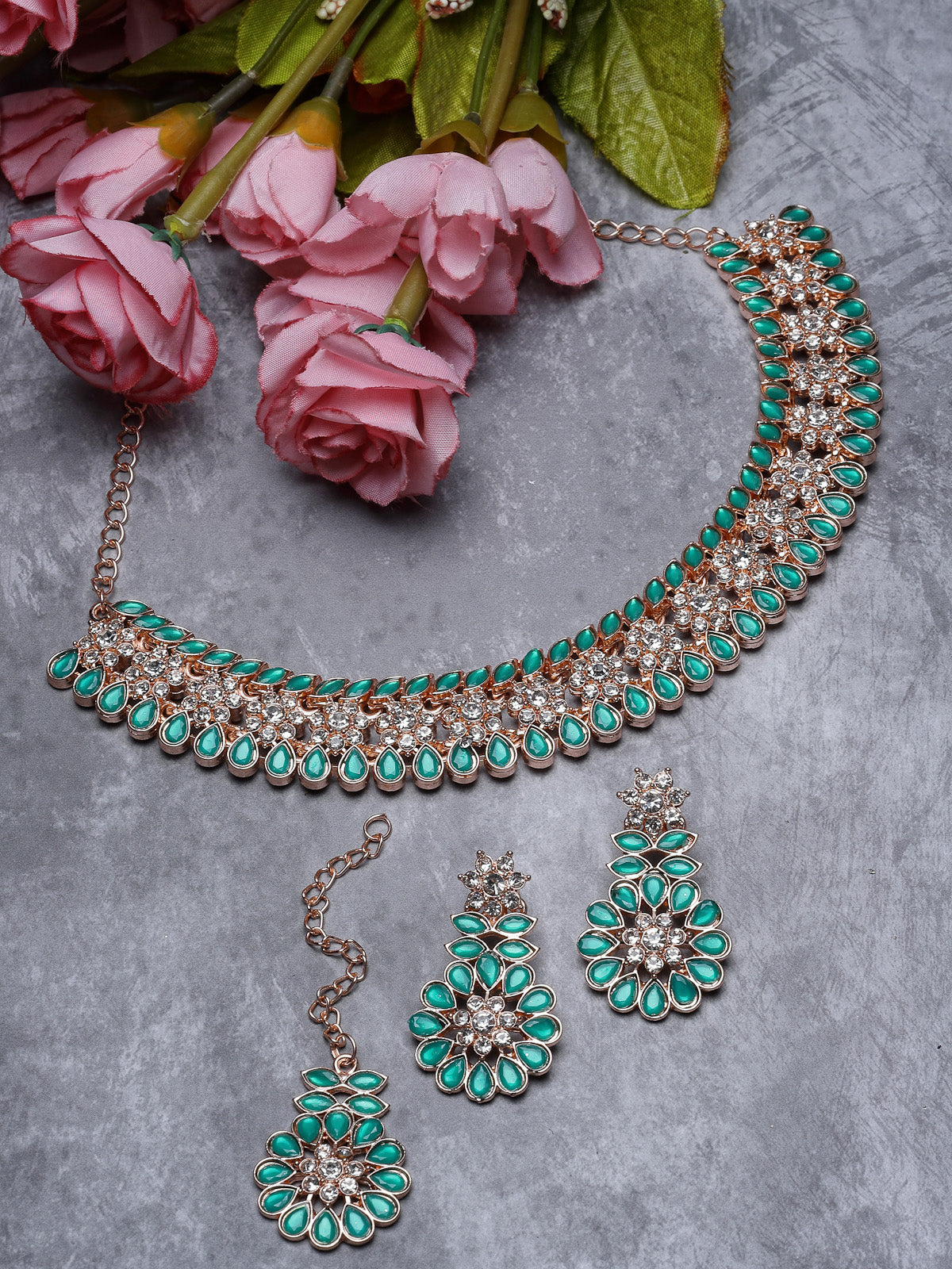 Sukkhi Admirable Fashionable AD Green Stones Collar Bone Necklace Set With Earring And Maangtika | Jewellery Set For Women (NS105557)