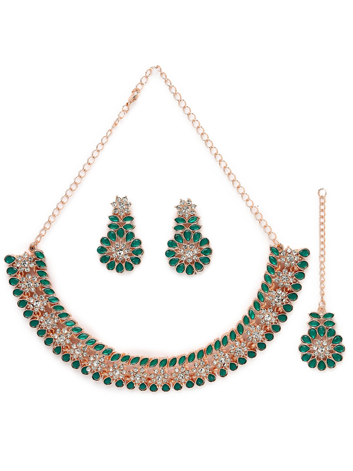 Sukkhi Admirable Fashionable AD Green Stones Collar Bone Necklace Set With Earring And Maangtika | Jewellery Set For Women (NS105557)