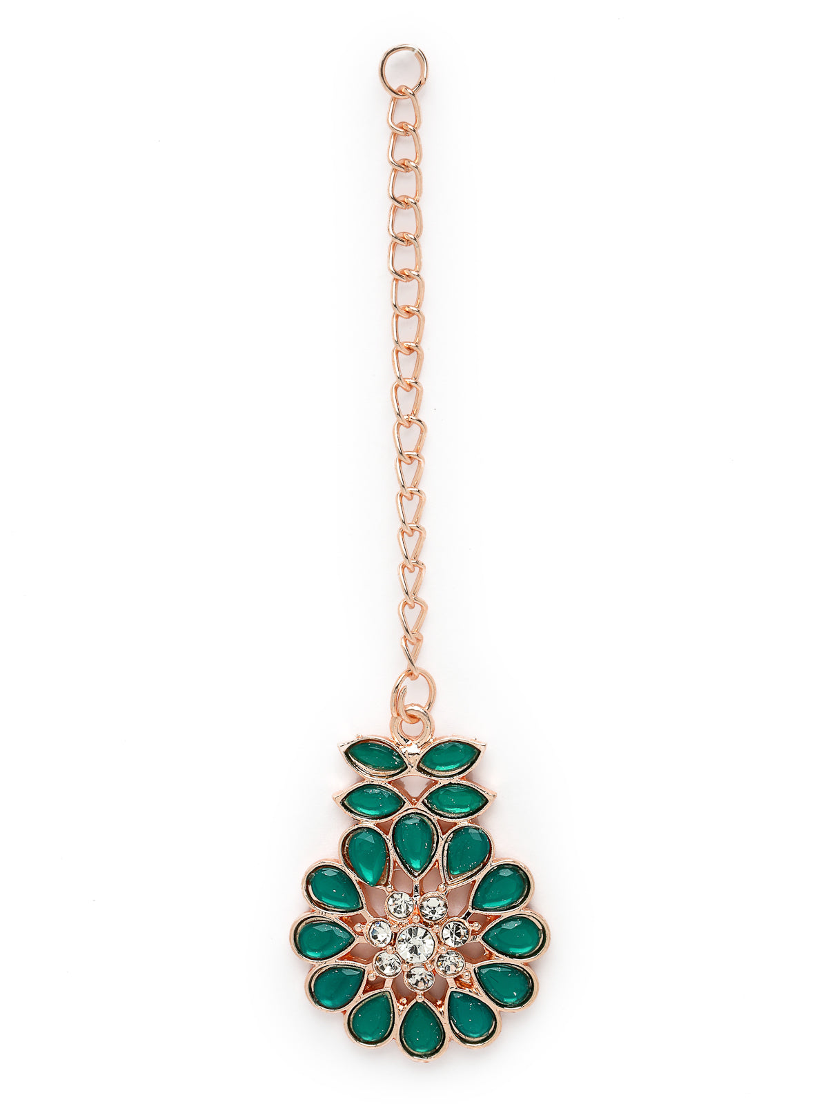 Sukkhi Admirable Fashionable AD Green Stones Collar Bone Necklace Set With Earring And Maangtika | Jewellery Set For Women (NS105557)