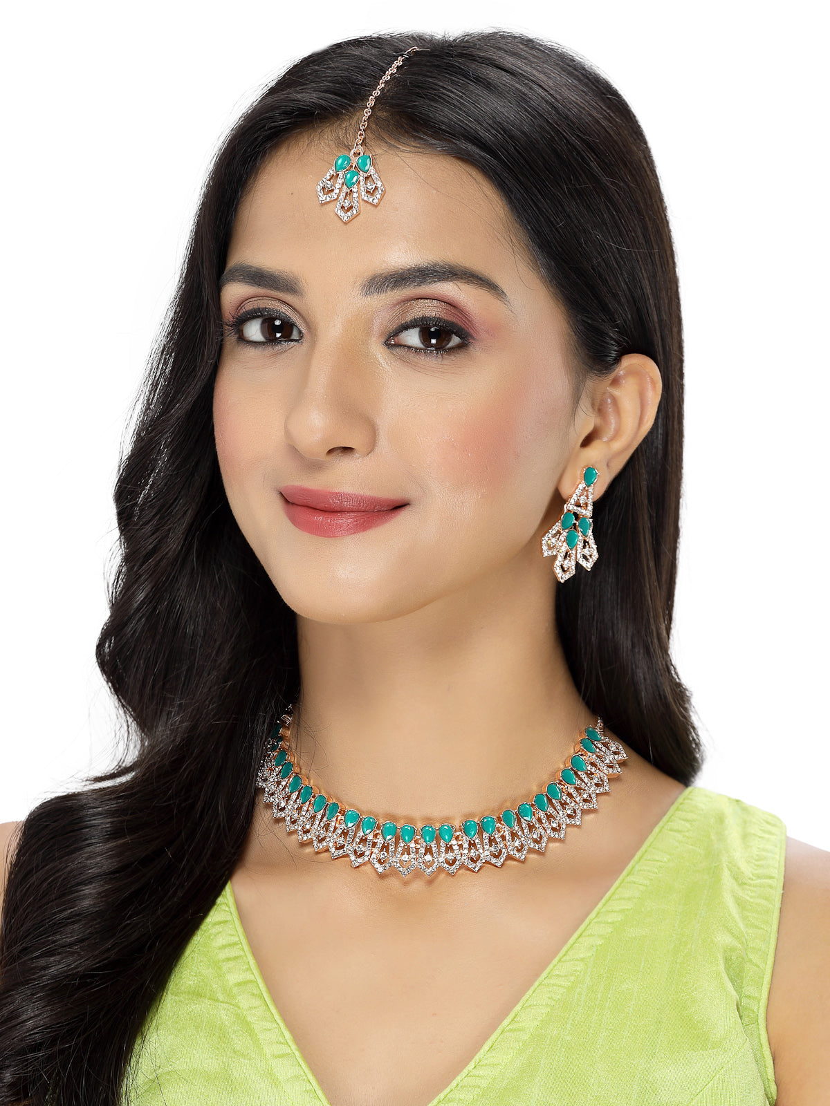 Sukkhi Fashionable AD Green Stones Collar Bone Necklace Set With Earring And Maangtika | Jewellery Set For Women (NS105558)