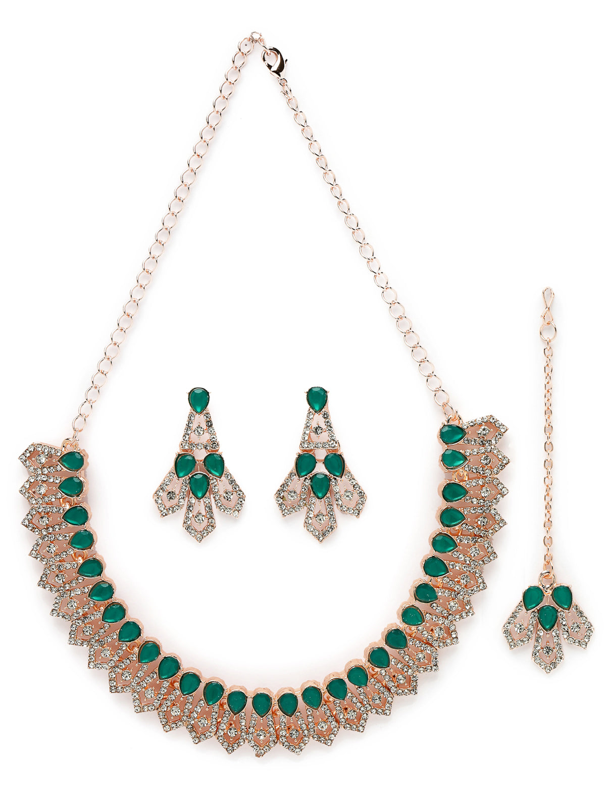 Sukkhi Fashionable AD Green Stones Collar Bone Necklace Set With Earring And Maangtika | Jewellery Set For Women (NS105558)