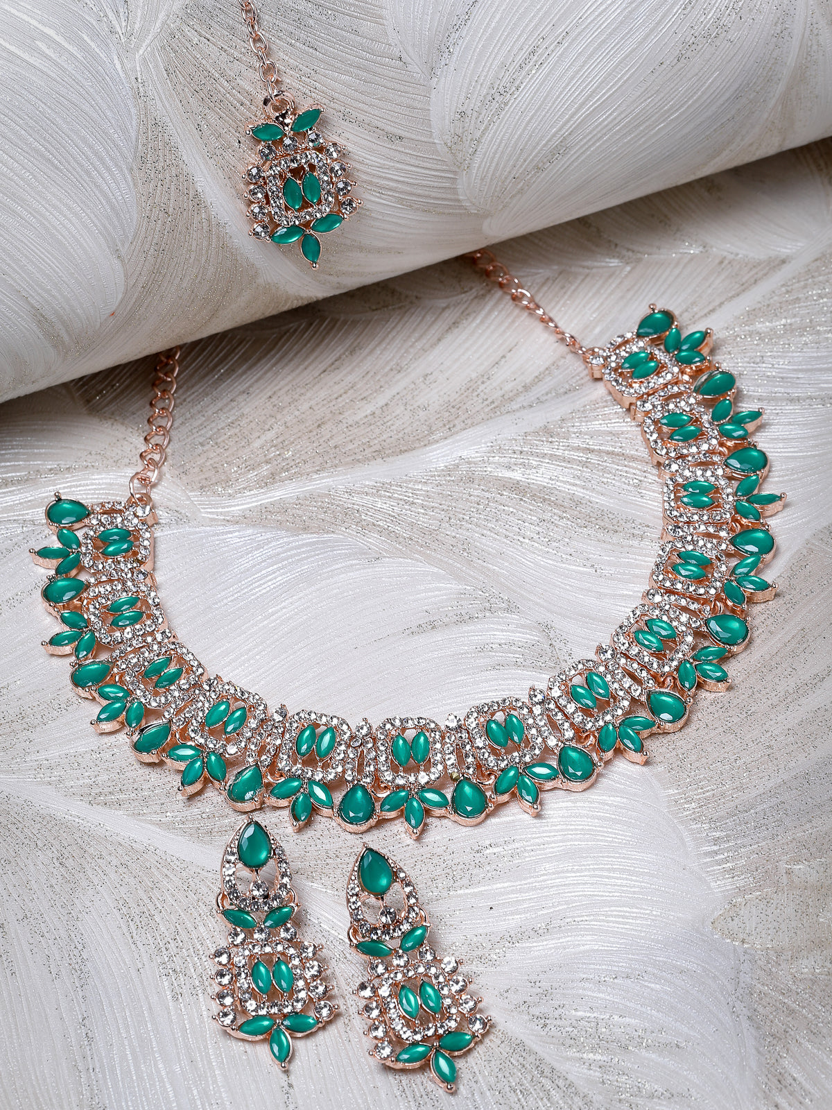 Sukkhi Admirable Fashionable AD Sea-Green Stones Collar Bone Necklace Set With Earring And Maangtika | Jewellery Set For Women (NS105559)