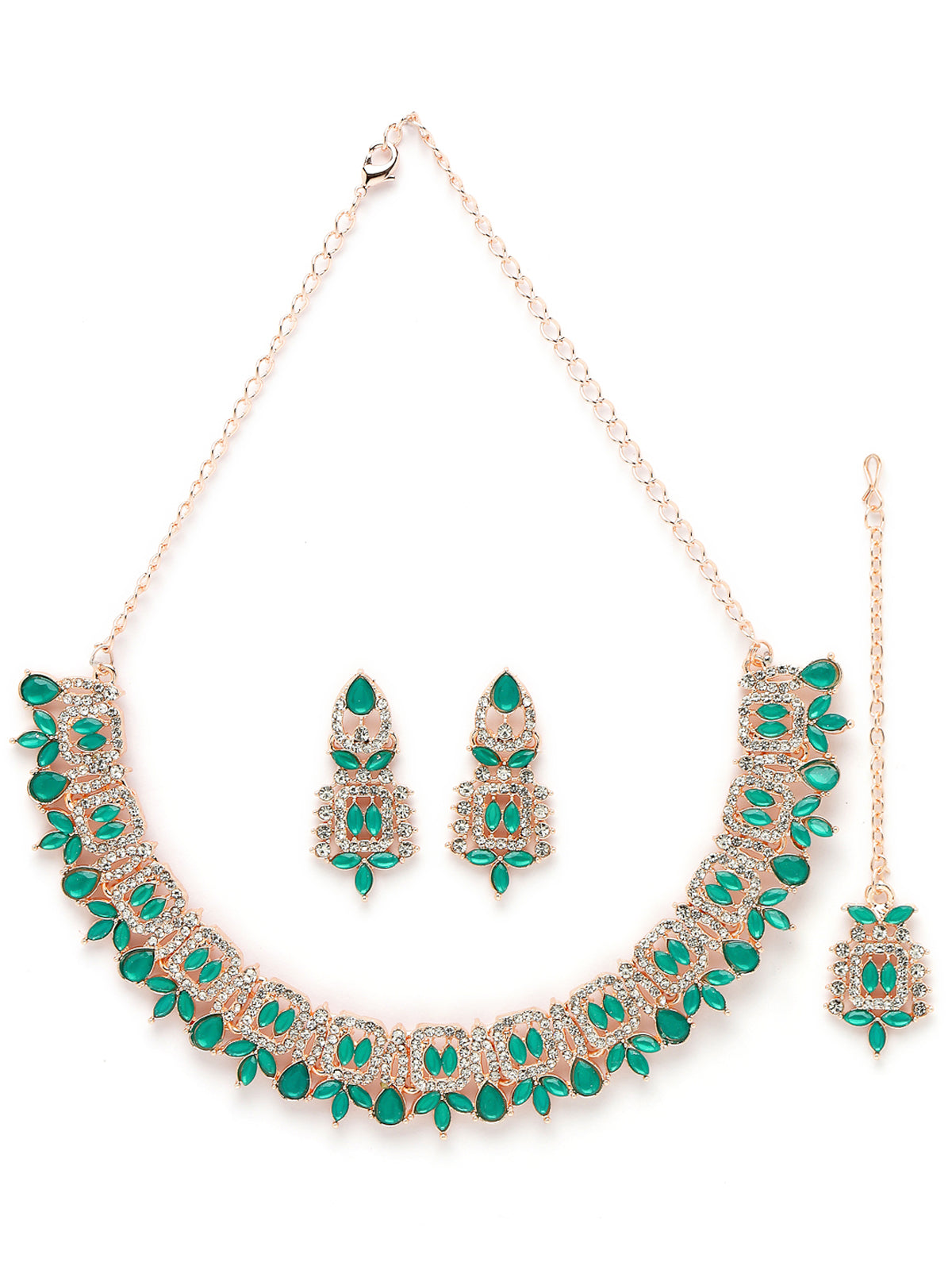 Sukkhi Admirable Fashionable AD Sea-Green Stones Collar Bone Necklace Set With Earring And Maangtika | Jewellery Set For Women (NS105559)