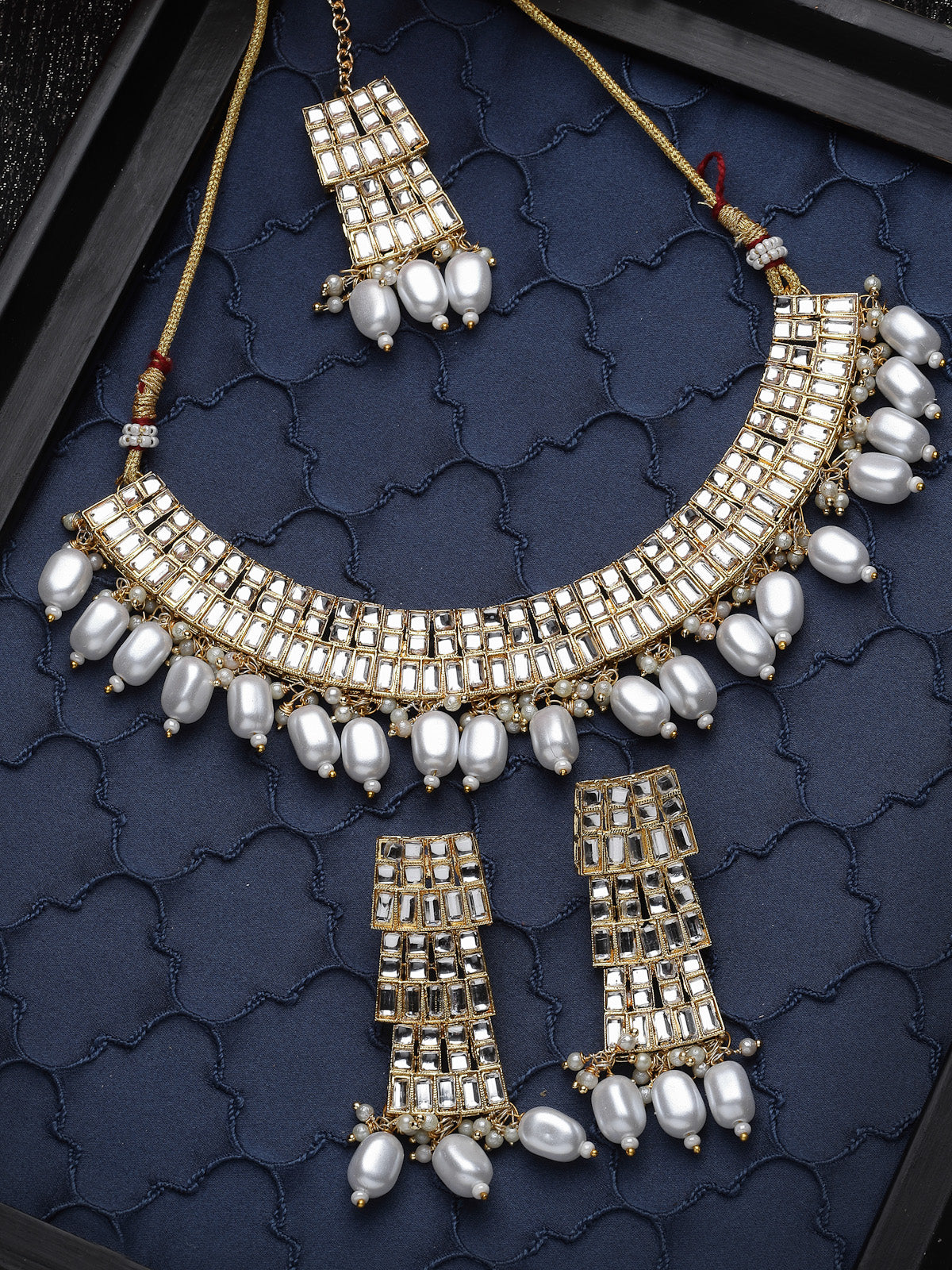 Sukkhi Beautiful Gold Plated AD White & Beads Collar Bone Necklace Set With Earring And Maangtika | Jewellery Set For Women (NS105561)