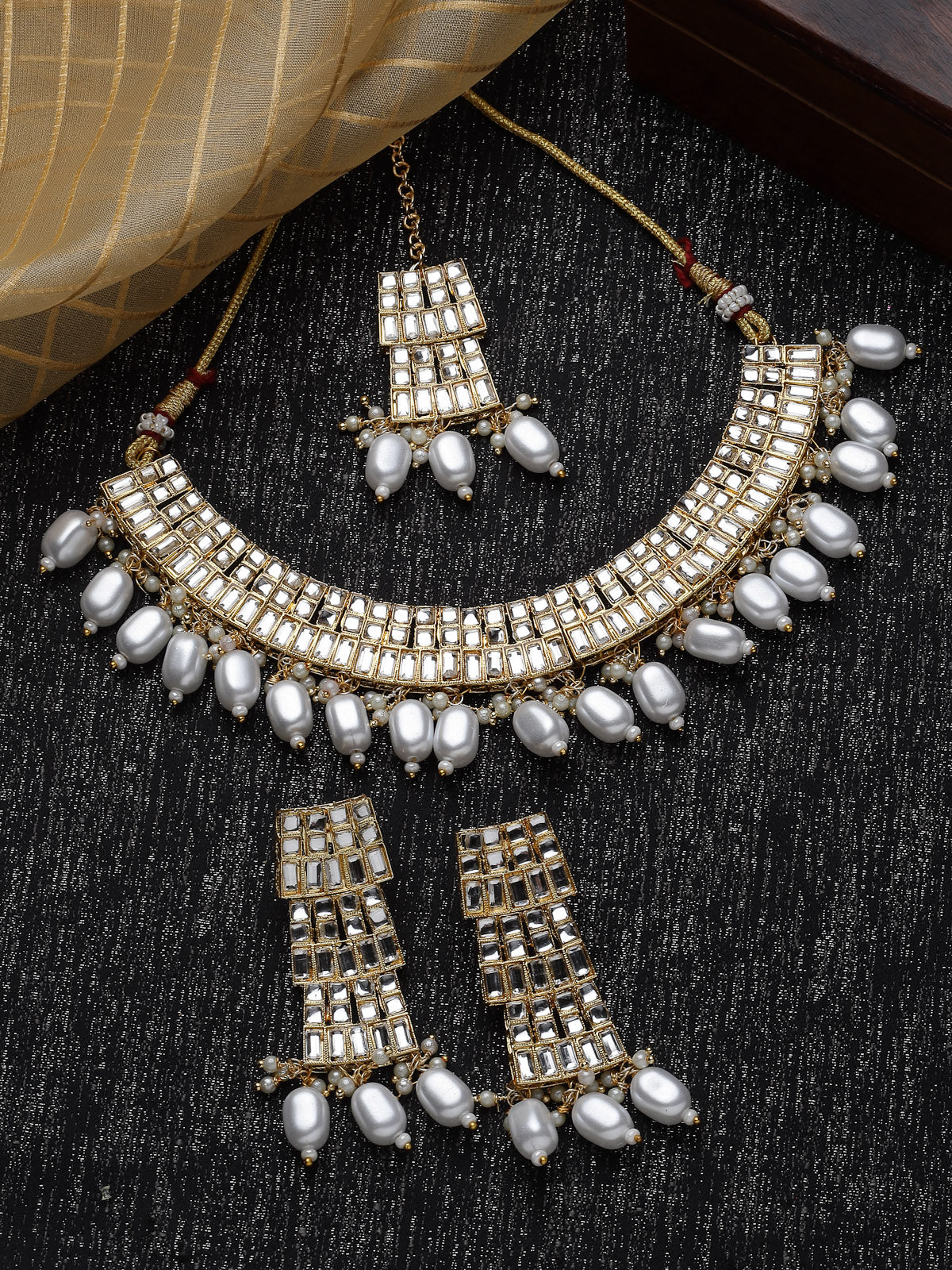 Sukkhi Beautiful Gold Plated AD White & Beads Collar Bone Necklace Set With Earring And Maangtika | Jewellery Set For Women (NS105561)