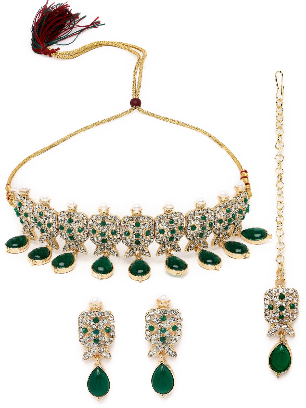 Sukkhi Antique Gold Plated Green AD Stones & Beads Choker Necklace Set With Earring And Maangtika | Jewellery Set For Women (NS105562)