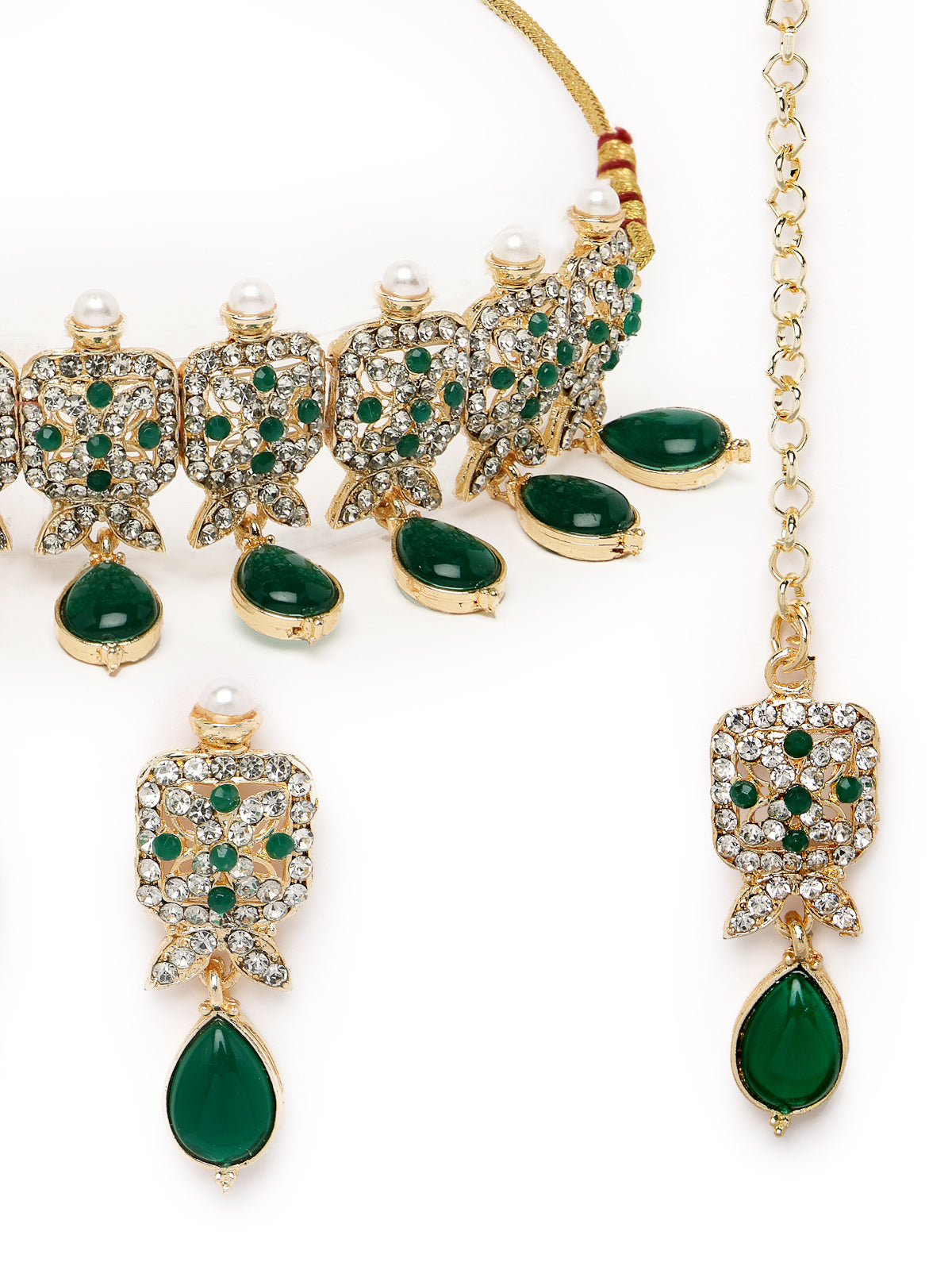 Sukkhi Antique Gold Plated Green AD Stones & Beads Choker Necklace Set With Earring And Maangtika | Jewellery Set For Women (NS105562)