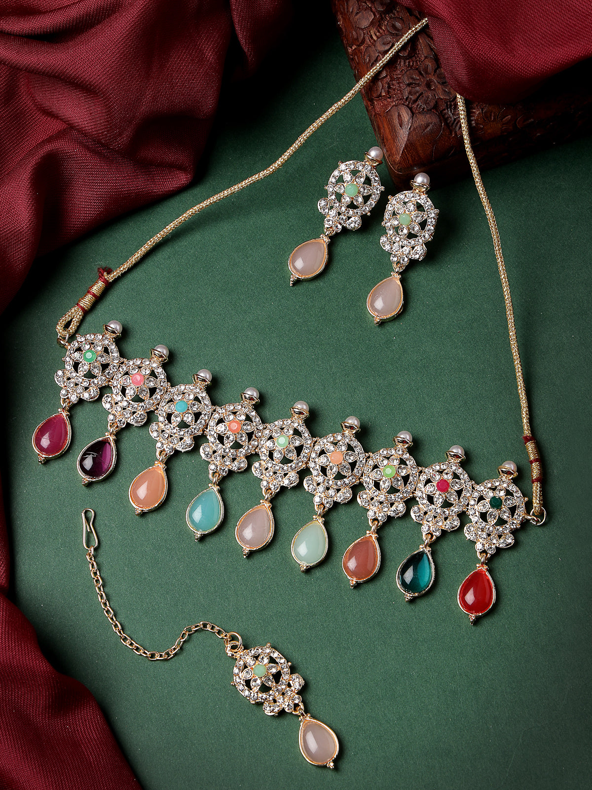 Sukkhi Terrific Gold Plated Multi AD Stones & Beads Choker Necklace Set With Earring And Maangtika | Jewellery Set For Women (NS105563)