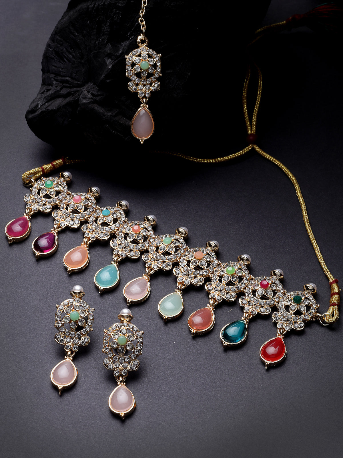 Sukkhi Terrific Gold Plated Multi AD Stones & Beads Choker Necklace Set With Earring And Maangtika | Jewellery Set For Women (NS105563)