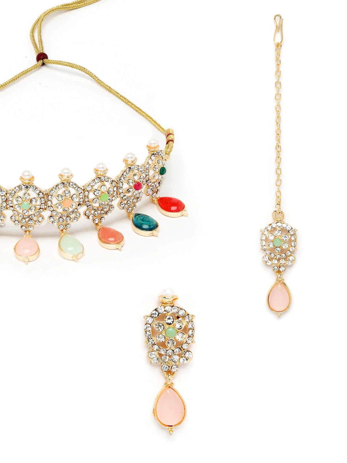 Sukkhi Terrific Gold Plated Multi AD Stones & Beads Choker Necklace Set With Earring And Maangtika | Jewellery Set For Women (NS105563)