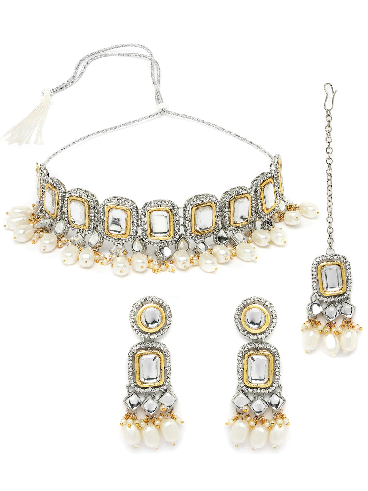 Sukkhi Desert-Inspired Rhodium Plated White AD Stones & Beads Choker Necklace Set With Earring And Maangtika | Jewellery Set For Women (NS105564)