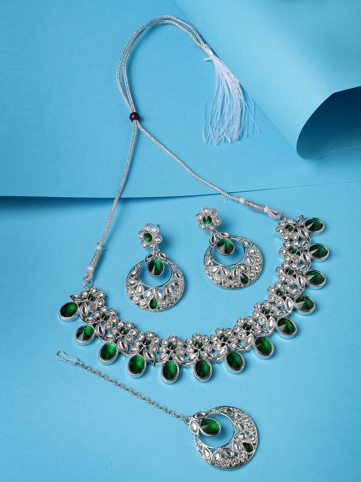 Sukkhi Dreamy Rhodium Plated Green AD White Stones & Beads Collar Bone Necklace Set With Earring And Maangtika | Jewellery Set For Women (NS105565)