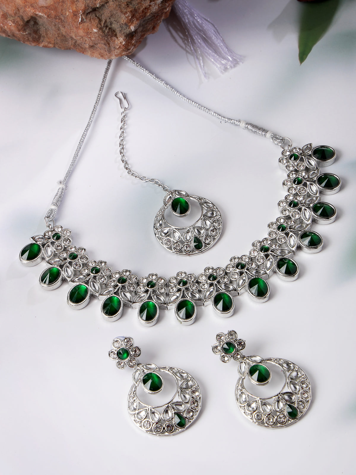 Sukkhi Dreamy Rhodium Plated Green AD White Stones & Beads Collar Bone Necklace Set With Earring And Maangtika | Jewellery Set For Women (NS105565)
