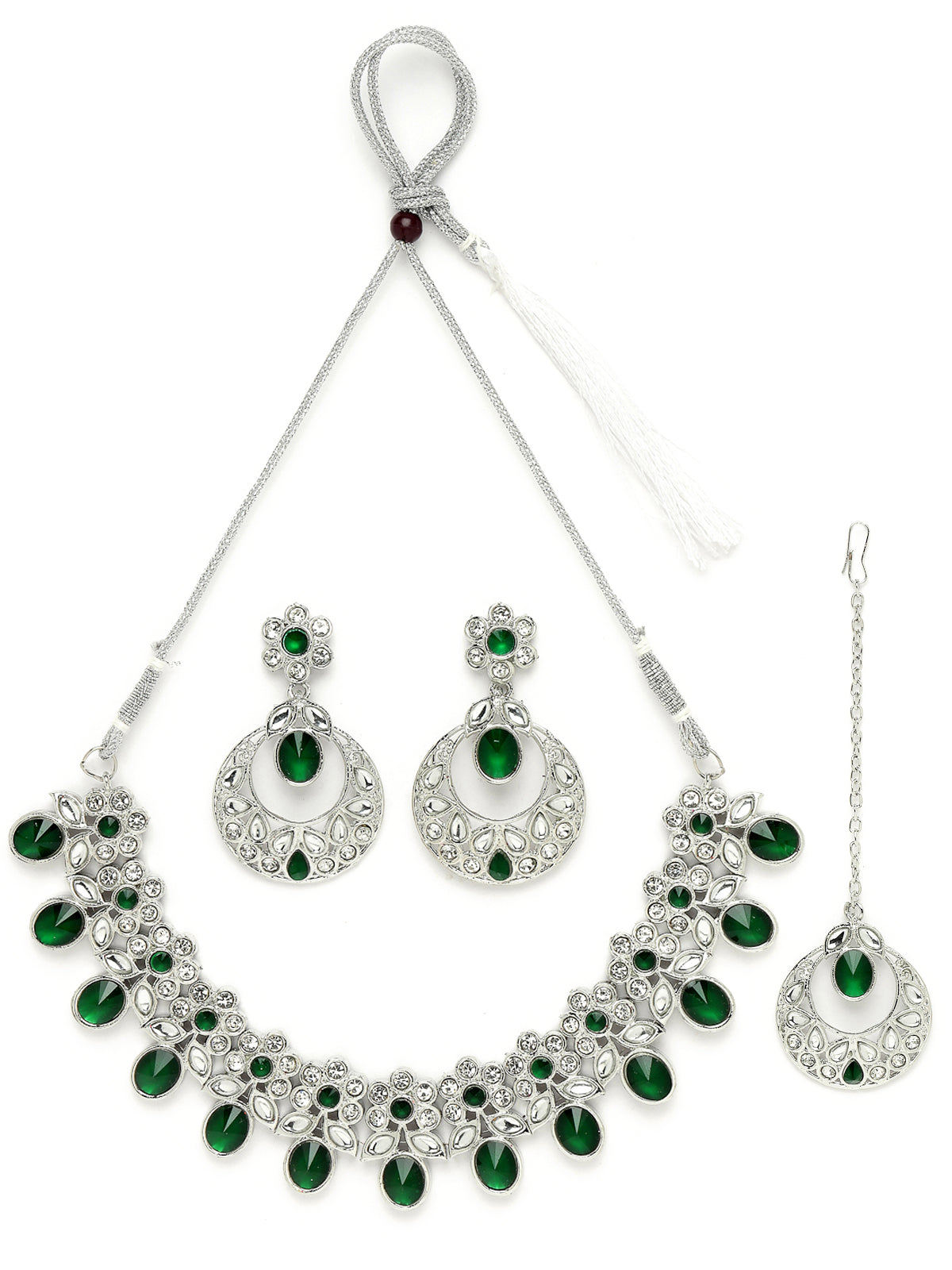 Sukkhi Dreamy Rhodium Plated Green AD White Stones & Beads Collar Bone Necklace Set With Earring And Maangtika | Jewellery Set For Women (NS105565)