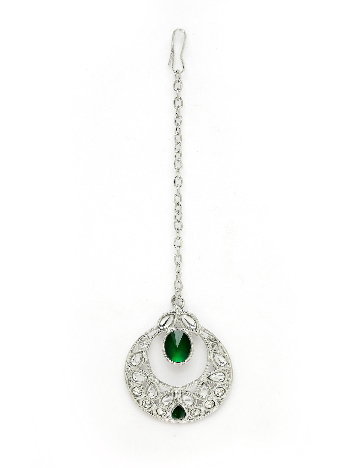 Sukkhi Dreamy Rhodium Plated Green AD White Stones & Beads Collar Bone Necklace Set With Earring And Maangtika | Jewellery Set For Women (NS105565)