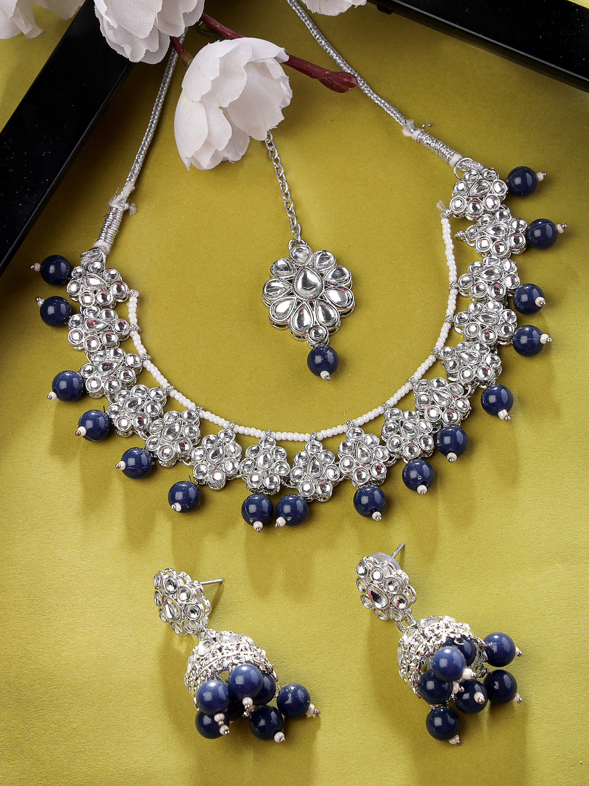 Sukkhi Youthful Floral Rhodium Plated Black AD White Stones & Beads Collar Bone Necklace Set With Earring And Maangtika | Jewellery Set For Women (NS105566)