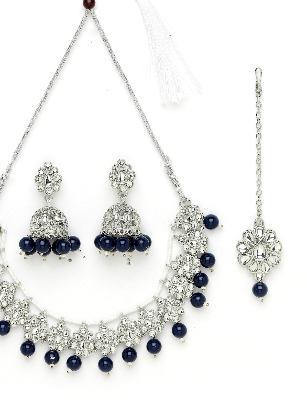 Sukkhi Youthful Floral Rhodium Plated Black AD White Stones & Beads Collar Bone Necklace Set With Earring And Maangtika | Jewellery Set For Women (NS105566)