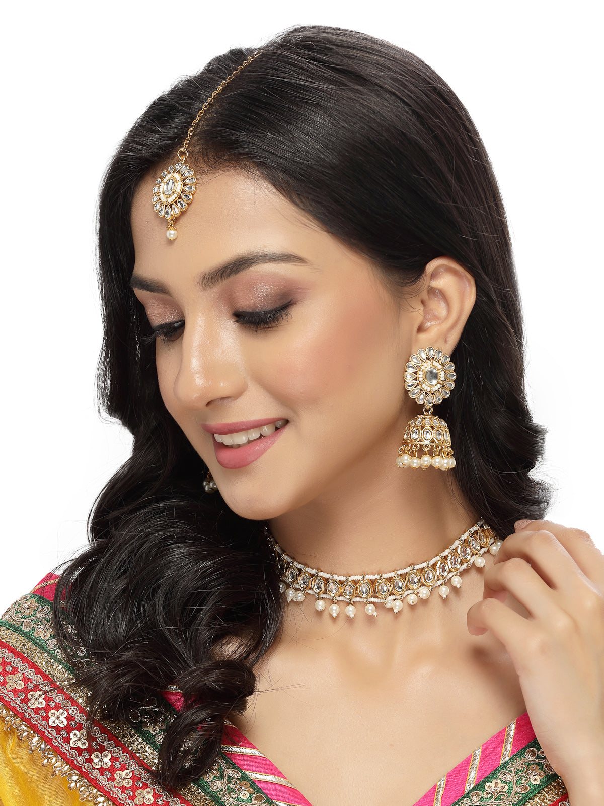 Sukkhi Heavenly Gold Plated White Kundan & Beads Choker Necklace Set With Jhumki Earring And Maangtika | Jewellery Set For Women (NS105567)
