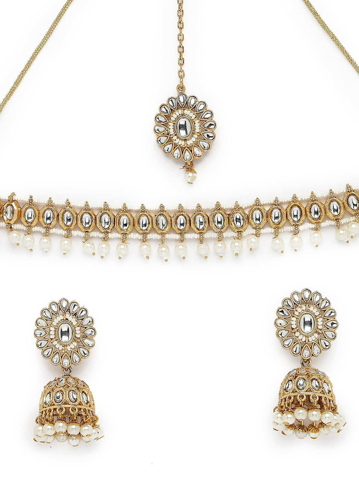 Sukkhi Heavenly Gold Plated White Kundan & Beads Choker Necklace Set With Jhumki Earring And Maangtika | Jewellery Set For Women (NS105567)