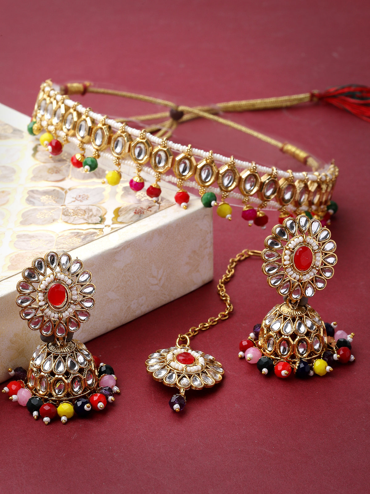 Sukkhi Vintage Gold Plated Red Multicolor Kundan & Beads Choker Necklace Set With Jhumki Earring And Maangtika | Jewellery Set For Women (NS105568)