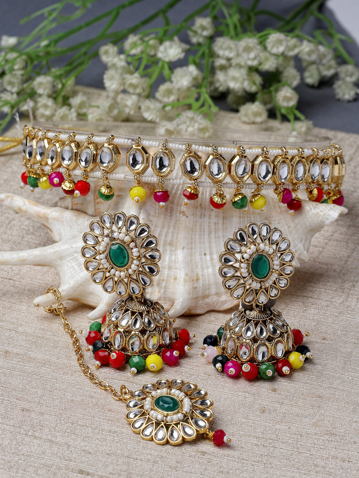 Sukkhi Vintage Gold Plated Green Multicolor Kundan & Beads Choker Necklace Set With Jhumki Earring And Maangtika | Jewellery Set For Women (NS105569)