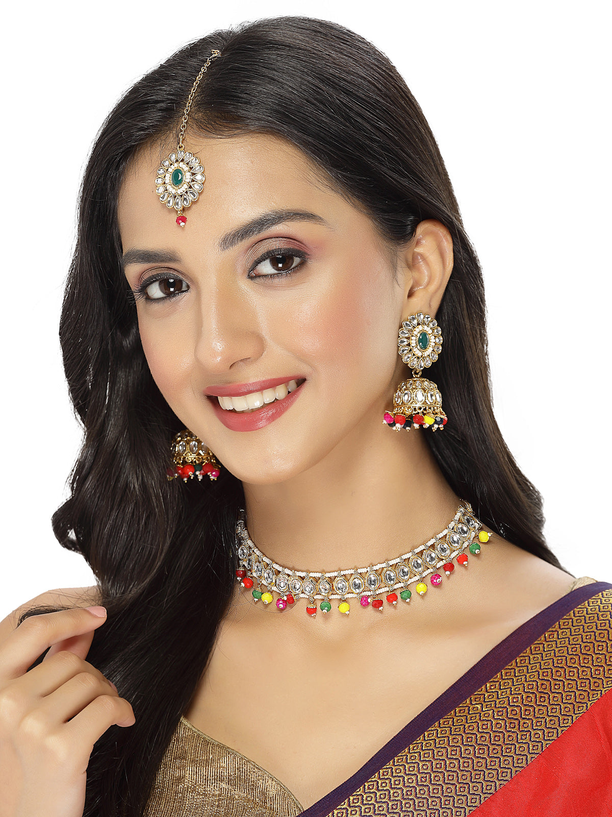 Sukkhi Vintage Gold Plated Green Multicolor Kundan & Beads Choker Necklace Set With Jhumki Earring And Maangtika | Jewellery Set For Women (NS105569)